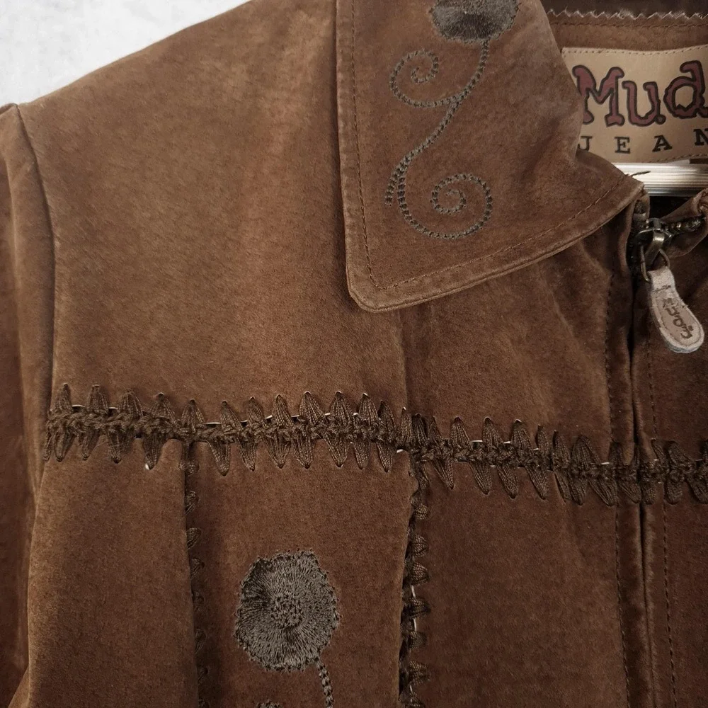 Vintage Y2K Mudd Suede Jacket Womens Large Brown Floral Embroidered Festival - Picture 4 of 16